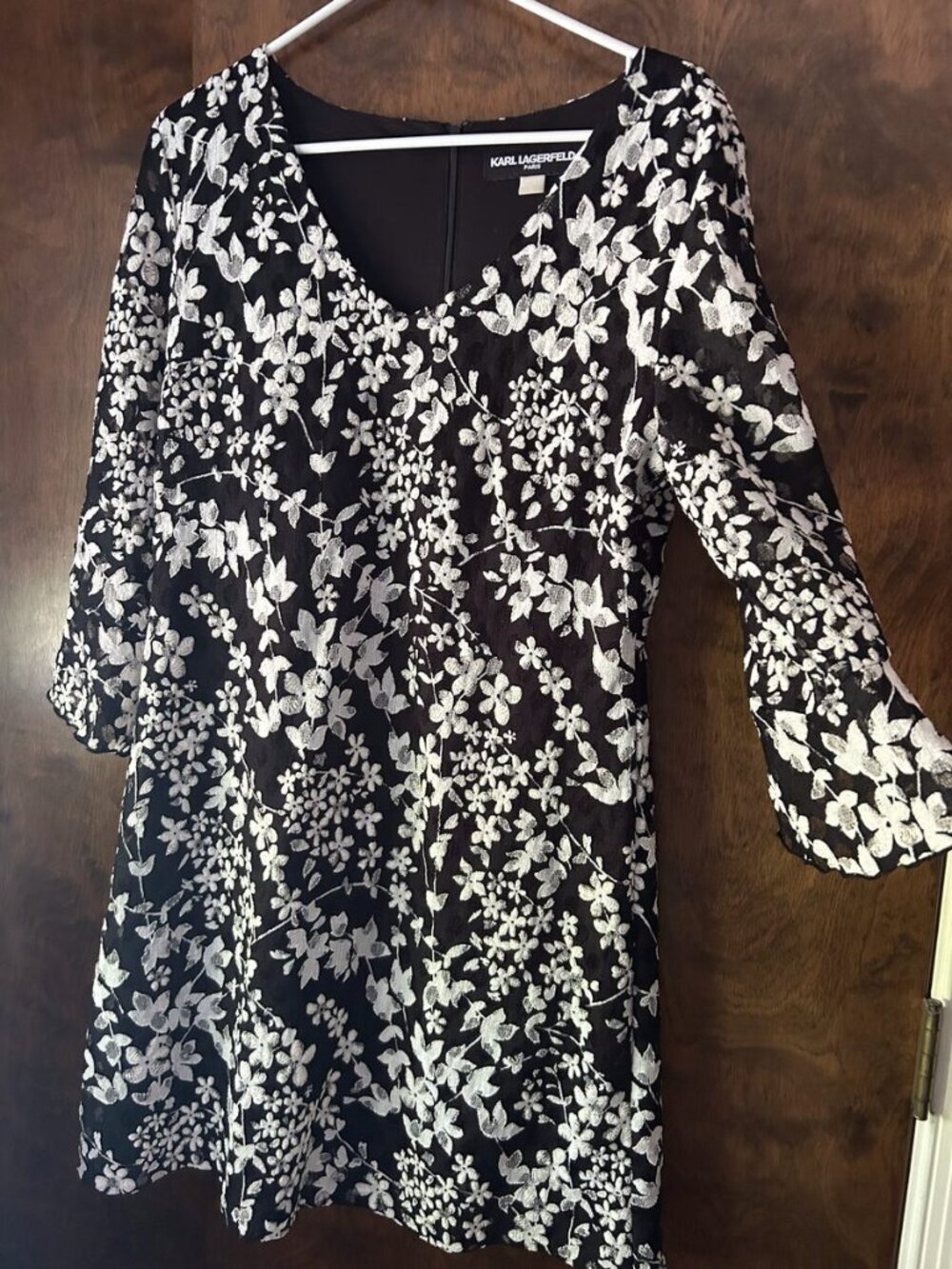Karl Lagerfeld Paris Black & White Floral Bell Sleeve Dress, Size 10